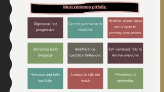 Digressive, not
progressive
Cannot summarise or
conclude
•Neither shares views
nor is open to
contrary view-points.
Distractive body
language
•Indifference,
spectator behaviour.
Self-centered, fails to
involve everyone
•Nervous and talks
too little.
Anxious to talk too
much
•Tendency to
sermonise.
 