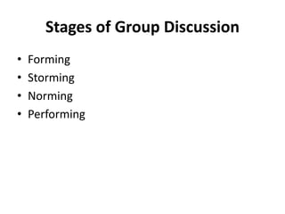 Stages of Group Discussion
• Forming
• Storming
• Norming
• Performing
 