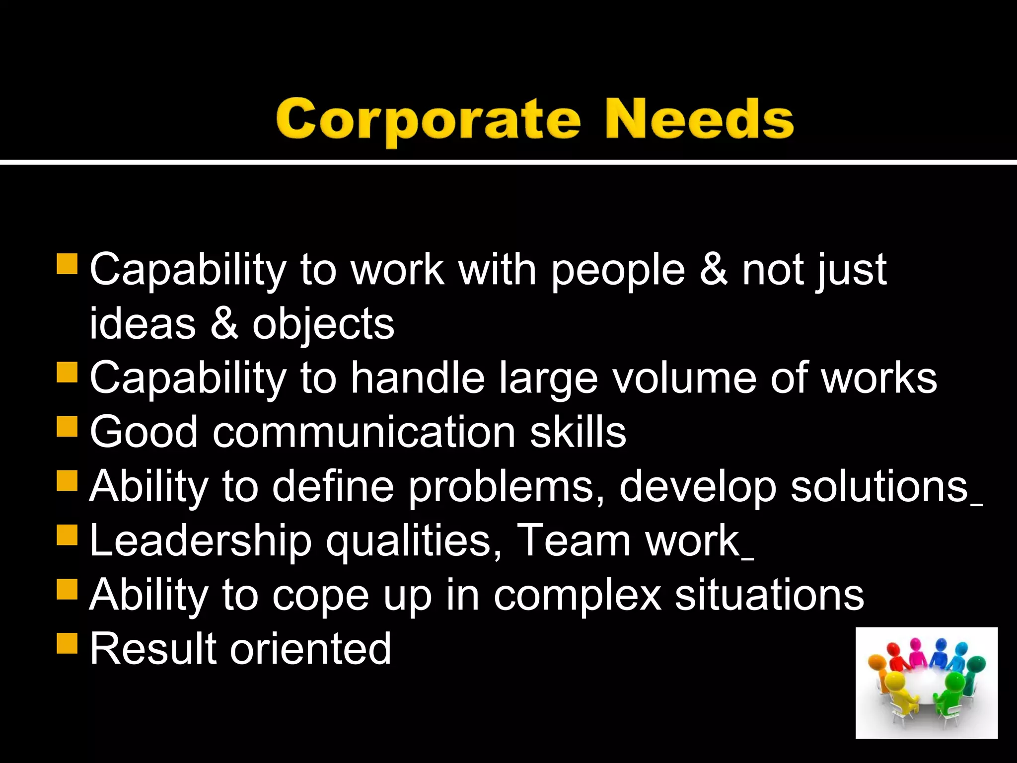  Capability to work with people & not just
ideas & objects
 Capability to handle large volume of works
 Good communication skills
 Ability to define problems, develop solutions
 Leadership qualities, Team work
 Ability to cope up in complex situations
 Result oriented
 