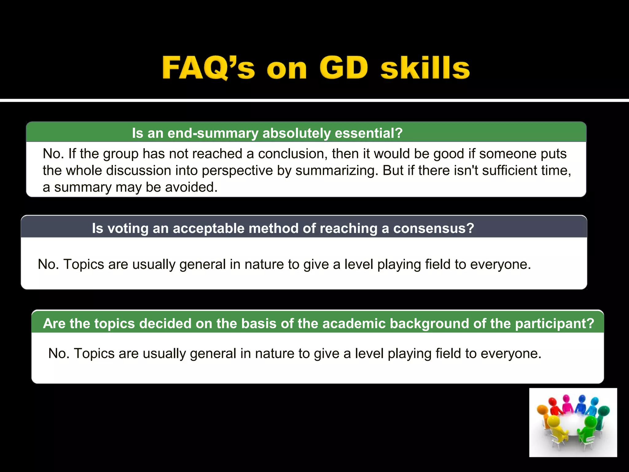 Is an end-summary absolutely essential?
No. If the group has not reached a conclusion, then it would be good if someone puts
the whole discussion into perspective by summarizing. But if there isn't sufficient time,
a summary may be avoided.
No. Topics are usually general in nature to give a level playing field to everyone.
Is voting an acceptable method of reaching a consensus?
No. Topics are usually general in nature to give a level playing field to everyone.
Are the topics decided on the basis of the academic background of the participant?
 