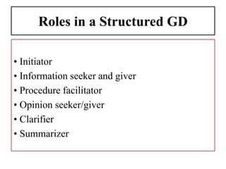 Roles in a Structured GD
• Initiator
• Information seeker and giver
• Procedure facilitator
• Opinion seeker/giver
• Clarifier
• Summarizer
 