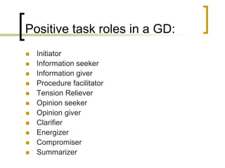 Positive task roles in a GD:












Initiator
Information seeker
Information giver
Procedure facilitator
Tension Reliever
Opinion seeker
Opinion giver
Clarifier
Energizer
Compromiser
Summarizer

 