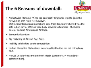 The 6 Reasons of downfall:
 No Network Planning- “A me too approach” kingfisher tried to copy the
  network of arch rivals “Jet Airways”.
  Shifting its international operations base from Bangalore where it was the
  sole Indian carrier offering wide body services to Mumbai – the home
  base of both Jet Airways and Air India.
 Economic downturn
 Sky rocketing of Aircraft Fuel Price.
 Inability to hike fare due to competition
 He had diversified his business in various field but he has not coined any
  CEO.
 He was unable to read the mind of Indian customer(KFA was not for
  common man).
 