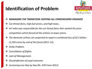 Identification of Problem
 MANAGING THE TRANSITION: KEEPING ALL STAKEHOLDERS ENGAGED
 Cut-throat fares, high fuel prices, and high taxes..
 Air India was responsible for the cut-throat fares that started the price
   competition which forced all the airlines to lower prices.
 The domestic airlines are projected to report a combined loss of $2.5 billion
   (1,250 crore) by end of this fiscal (2011-12).
 Strike Problem.
 Cancellation of flights.
 Lack of Management.
 Dissatisfaction of Loyal costumer.
 Increasing Loss Day by Day (Rs. 470 Crore 2011)
 