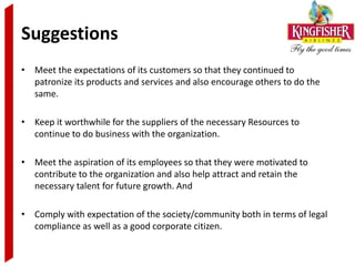 Suggestions
• Meet the expectations of its customers so that they continued to
  patronize its products and services and also encourage others to do the
  same.

• Keep it worthwhile for the suppliers of the necessary Resources to
  continue to do business with the organization.

• Meet the aspiration of its employees so that they were motivated to
  contribute to the organization and also help attract and retain the
  necessary talent for future growth. And

• Comply with expectation of the society/community both in terms of legal
  compliance as well as a good corporate citizen.
 