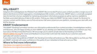 12/04/2017 KBART: 10 years later
Why KBART?
Adoption of Knowledgebases And RelatedTools (KBART) Recommended Practice gives...