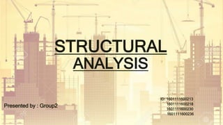 STRUCTURAL
ANALYSIS
Presented by : Group2
ID: 1601111600213
1601111600218
1601111600230
1601111600236
 