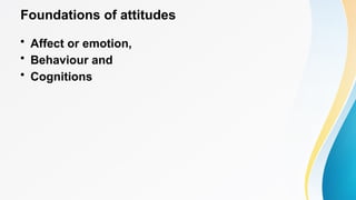 Foundations of attitudes
• Affect or emotion,
• Behaviour and
• Cognitions
 