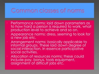 Performance norms: laid down parameters as to how hard a person is required to work, what production level to achieve and so on. Appearance norms: dress, seeming to look for a new job etc. Arrangement norms: basically applicable to informal groups. These laid down degree of social interaction. In essence participative social activities. Allocation of resources norms: these could include pay, bonus, tools equipment, assignment of difficult jobs etc. 