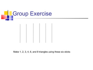 Group Exercise
Make 1, 2, 3, 4, 6, and 8 triangles using these six sticks
 