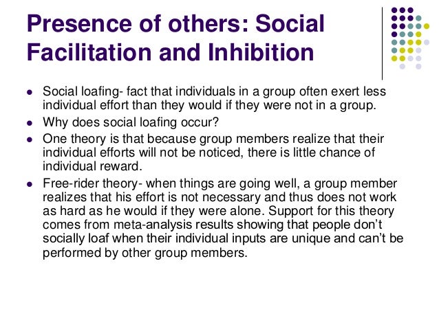 social loafing social inhibition and social facilitation Working in front of others: social facilitation and social inhibition in an early social psychological study, norman triplett (1898) found that bicycle racers who were competing with other bicyclers on the same track rode significantly faster than bicyclers who were racing alone, against the clock. social loafing social inhibition and social facilitation Working in front of others: social facilitation and social inhibition in an early social psychological study, norman triplett (1898) found that bicycle racers who were competing with other bicyclers on the same track rode significantly faster than bicyclers who were racing alone, against the clock.