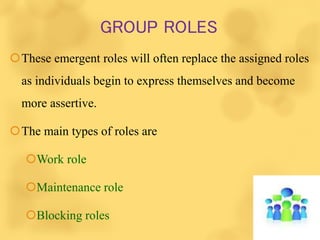 GROUP ROLES
These emergent roles will often replace the assigned roles
as individuals begin to express themselves and become
more assertive.
The main types of roles are
Work role
Maintenance role
Blocking roles
 