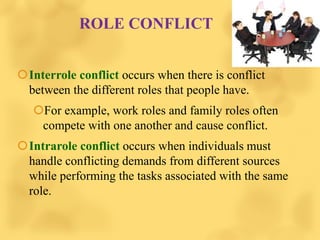 ROLE CONFLICT
Interrole conflict occurs when there is conflict
between the different roles that people have.
For example, work roles and family roles often
compete with one another and cause conflict.
Intrarole conflict occurs when individuals must
handle conflicting demands from different sources
while performing the tasks associated with the same
role.
 