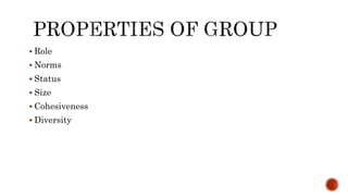  Role
 Norms
 Status
 Size
 Cohesiveness
 Diversity
 