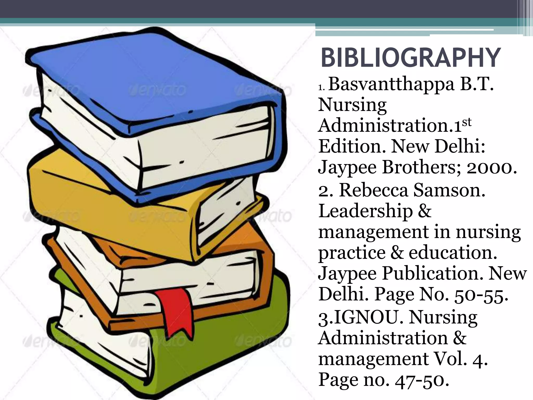 BIBLIOGRAPHY
1. Basvantthappa B.T.
Nursing
Administration.1st
Edition. New Delhi:
Jaypee Brothers; 2000.
2. Rebecca Samson.
Leadership &
management in nursing
practice & education.
Jaypee Publication. New
Delhi. Page No. 50-55.
3.IGNOU. Nursing
Administration &
management Vol. 4.
Page no. 47-50.
 
