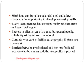 Nursingspark.blogspot.com
 Work load can be balanced and shared and allows
members the opportunity to develop leadership skills.
 Every team member has the opportunity to learn from
and teach colleagues
 Interest in client’s care is shared by several people,
reliability of decisions is increased.
 Continuity of care is facilitated, especially if teams are
constant.
 Barriers between professional and non-professional
workers can be minimized, the group efforts prevail.
 