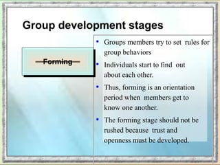 Group development stages
• Groups members try to set rules for
group behaviors
• Individuals start to find out
about each other.
• Thus, forming is an orientation
period when members get to
know one another.
• The forming stage should not be
rushed because trust and
openness must be developed.
Forming
 