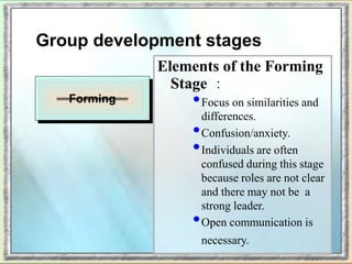 Group development stages
Elements of the Forming
Stage ：
•Focus on similarities and
differences.
•Confusion/anxiety.
•Individuals are often
confused during this stage
because roles are not clear
and there may not be a
strong leader.
•Open communication is
necessary.
Forming
 