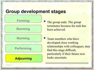 • The group ends. The group
terminates because the task has
been achieved.
• Team members who have
developed close working
relationships with colleagues, may
find this stage difficult,
particularly if their future now
looks uncertain.
Forming
Storming
Norming
Group development stages
Adjourning
© PhotoDisc
Performing
 