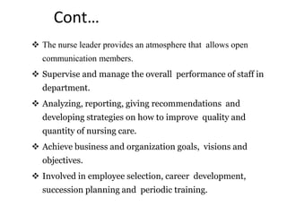 Cont…
 The nurse leader provides an atmosphere that allows open
communication members.
 Supervise and manage the overall performance of staff in
department.
 Analyzing, reporting, giving recommendations and
developing strategies on how to improve quality and
quantity of nursing care.
 Achieve business and organization goals, visions and
objectives.
 Involved in employee selection, career development,
succession planning and periodic training.
 