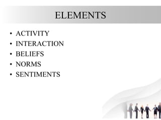 ELEMENTS
• ACTIVITY
• INTERACTION
• BELIEFS
• NORMS
• SENTIMENTS
 