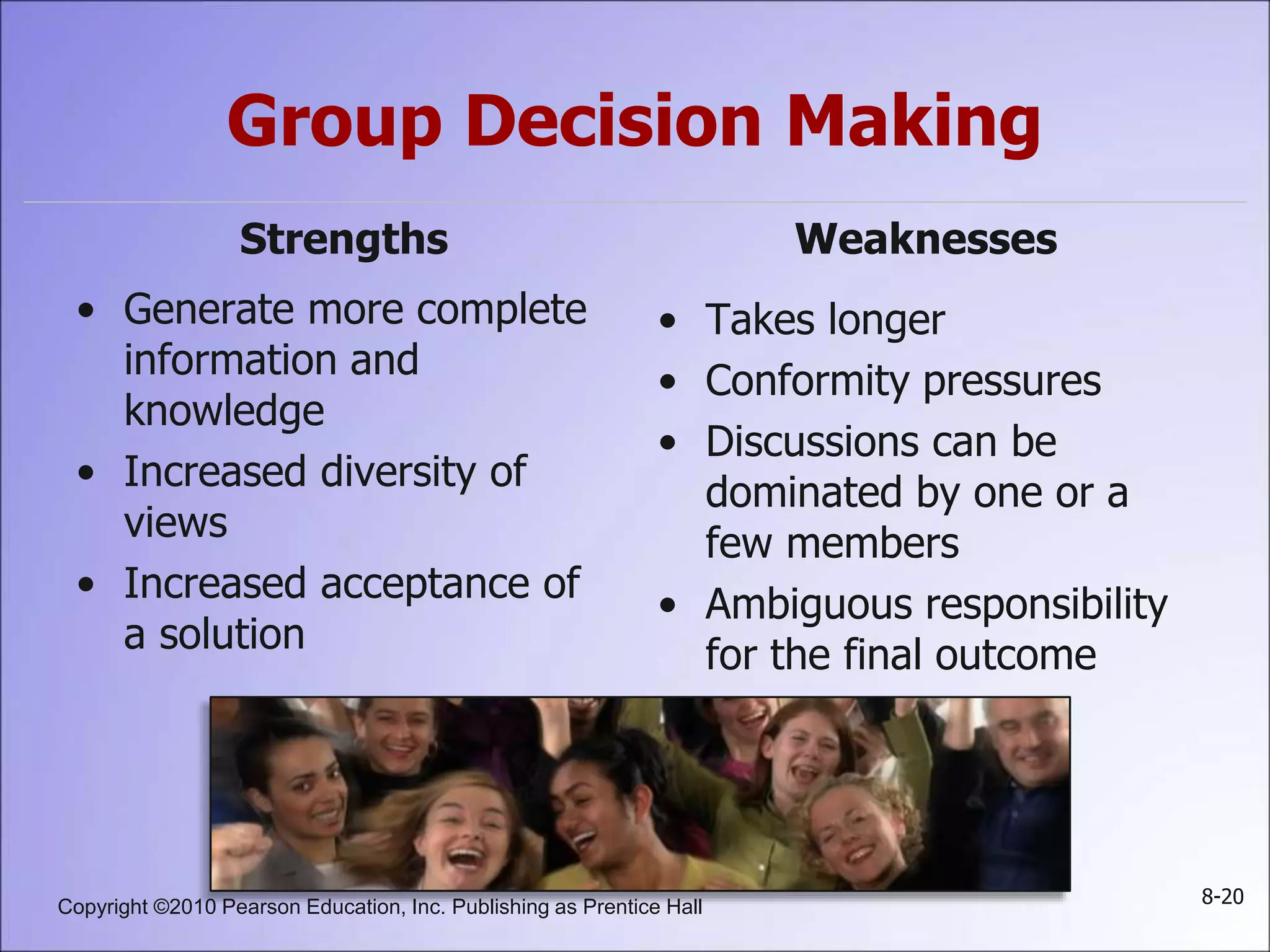 Copyright ©2010 Pearson Education, Inc. Publishing as Prentice Hall 8-20
Group Decision Making
Strengths
• Generate more complete
information and
knowledge
• Increased diversity of
views
• Increased acceptance of
a solution
Weaknesses
• Takes longer
• Conformity pressures
• Discussions can be
dominated by one or a
few members
• Ambiguous responsibility
for the final outcome
 