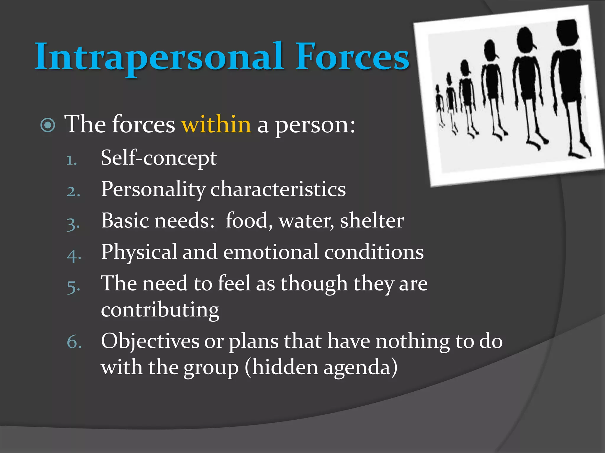 Intrapersonal Forces
   The forces within a person:
    1.   Self-concept
    2.   Personality characteristics
    3.   Basic needs: food, water, shelter
    4.   Physical and emotional conditions
    5.   The need to feel as though they are
         contributing
    6.   Objectives or plans that have nothing to do
         with the group (hidden agenda)
 