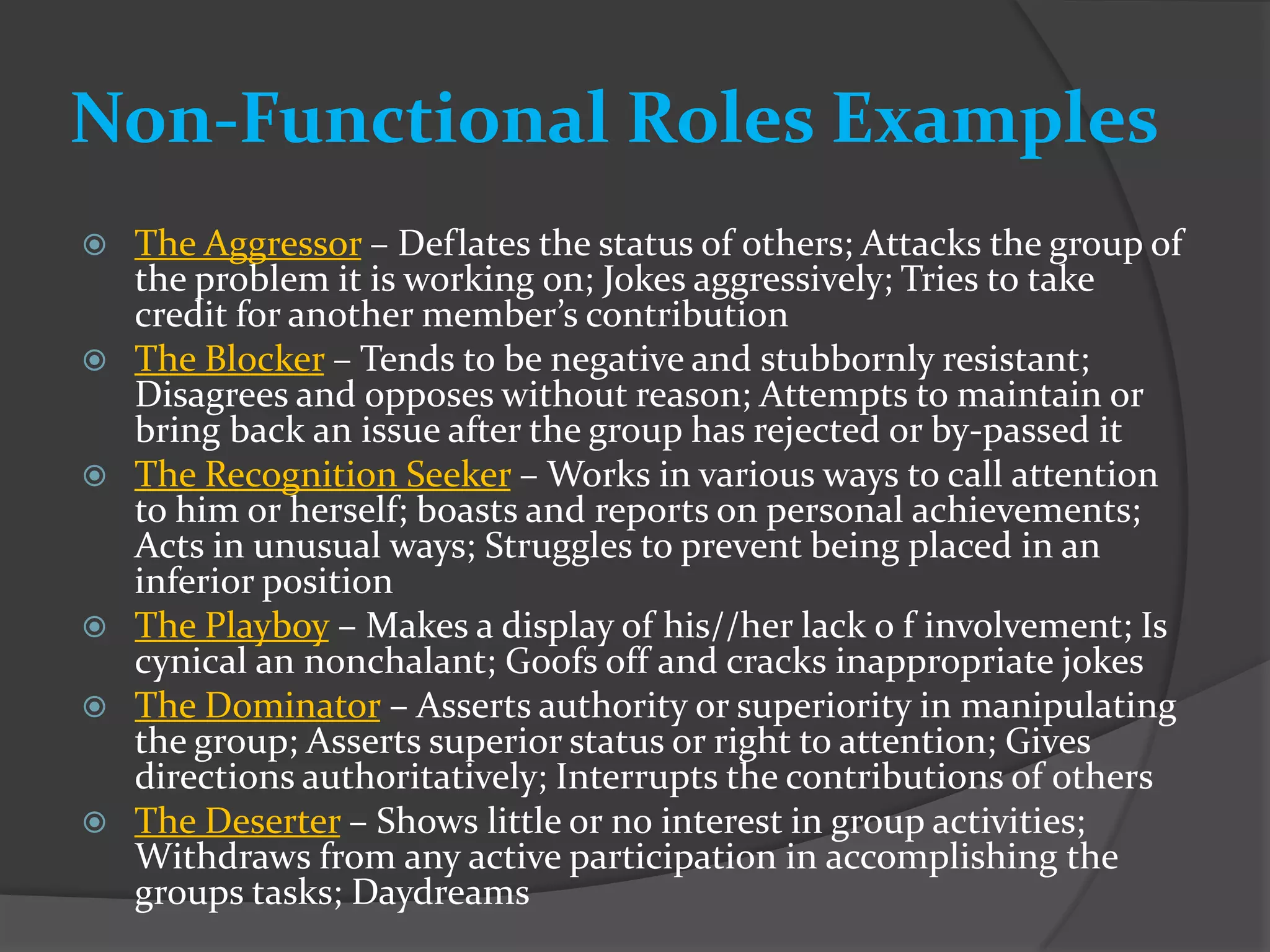 Non-Functional Roles Examples
   The Aggressor – Deflates the status of others; Attacks the group of
    the problem it is working on; Jokes aggressively; Tries to take
    credit for another member’s contribution
   The Blocker – Tends to be negative and stubbornly resistant;
    Disagrees and opposes without reason; Attempts to maintain or
    bring back an issue after the group has rejected or by-passed it
   The Recognition Seeker – Works in various ways to call attention
    to him or herself; boasts and reports on personal achievements;
    Acts in unusual ways; Struggles to prevent being placed in an
    inferior position
   The Playboy – Makes a display of his//her lack o f involvement; Is
    cynical an nonchalant; Goofs off and cracks inappropriate jokes
   The Dominator – Asserts authority or superiority in manipulating
    the group; Asserts superior status or right to attention; Gives
    directions authoritatively; Interrupts the contributions of others
   The Deserter – Shows little or no interest in group activities;
    Withdraws from any active participation in accomplishing the
    groups tasks; Daydreams
 