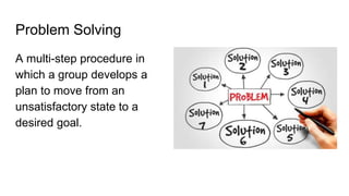 Problem Solving
A multi-step procedure in
which a group develops a
plan to move from an
unsatisfactory state to a
desired goal.
 