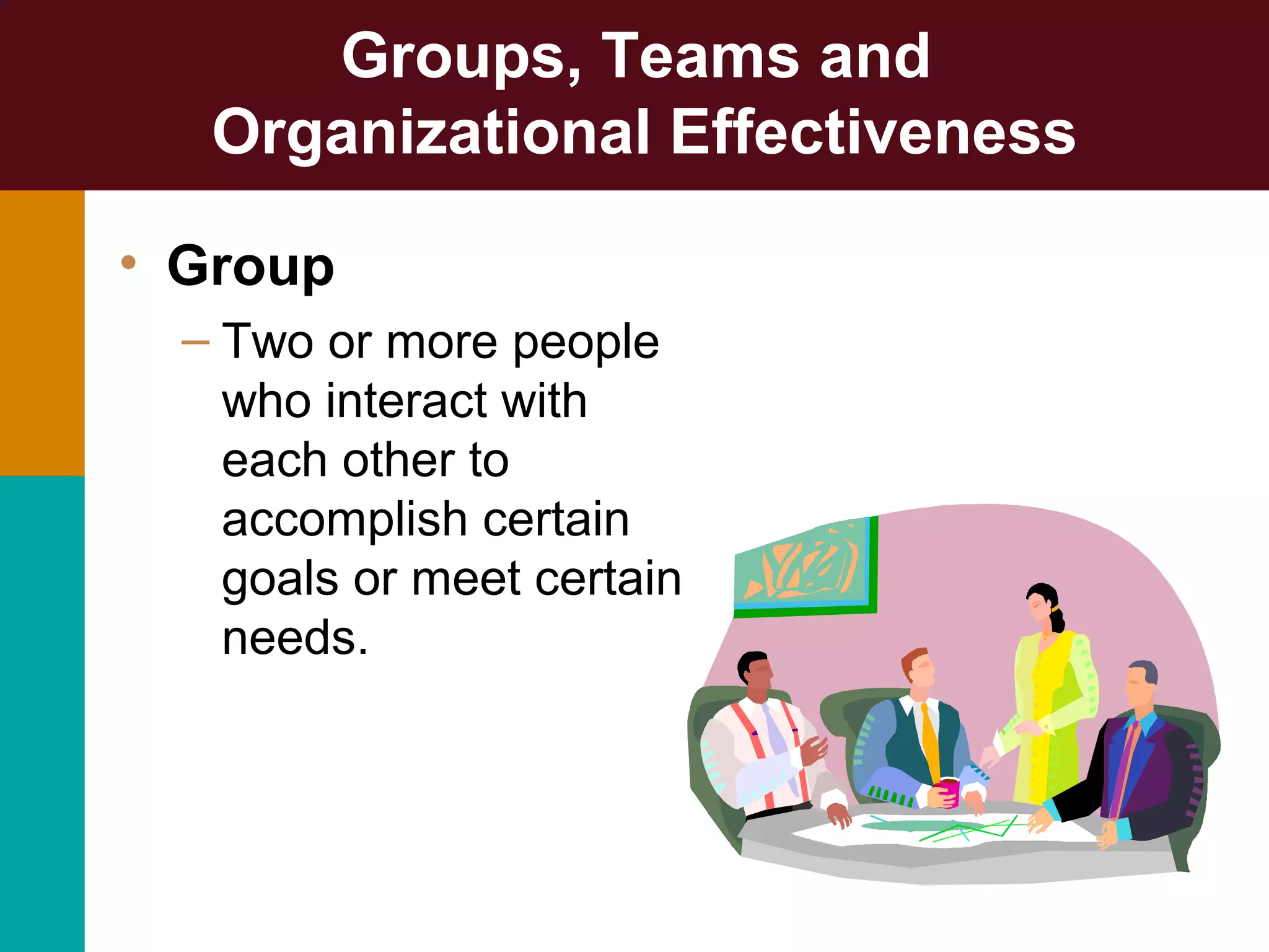 Groups, Teams and
Organizational Effectiveness
• Group
– Two or more people
who interact with
each other to
accomplish certain
goals or meet certain
needs.
 