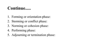 Continue.....
1. Forming or orientation phase:
2. Storming or conflict phase:
3. Norming or cohesion phase:
4. Performing phase:
5. Adjourning or termination phase:
 