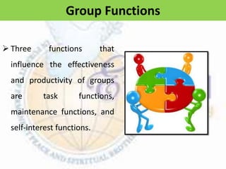 Group Functions
 Three functions that
influence the effectiveness
and productivity of groups
are task functions,
maintenance functions, and
self-interest functions.
 