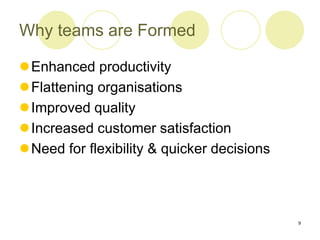 9
Why teams are Formed
Enhanced productivity
Flattening organisations
Improved quality
Increased customer satisfaction
Need for flexibility & quicker decisions
 