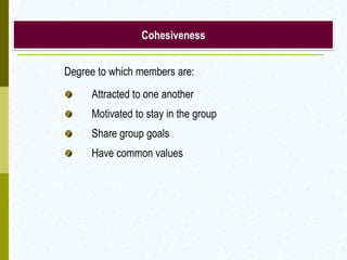 Cohesiveness


Degree to which members are:
     Attracted to one another
     Motivated to stay in the group
     Share group goals
     Have common values
 