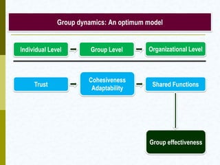 Group dynamics: An optimum model


Individual Level        Group Level      Organizational Level



                       Cohesiveness
     Trust                                Shared Functions
                        Adaptability




                                         Group effectiveness
 