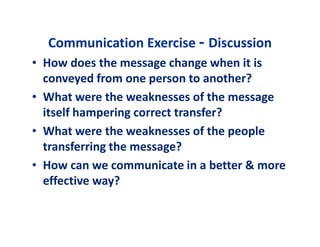Communication EExxeerrcciissee - DDiissccuussssiioonn 
• How does the message change when it is 
conveyed from one person to another? 
• What were the weaknesses of the message 
itself hampering correct transfer? 
•• WWhhaatt wweerree tthhee wweeaakknneesssseess ooff tthhee ppeeooppllee 
transferring the message? 
• How can we communicate in a better & more 
effective way? 
 
