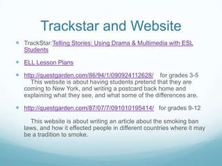 Trackstar and WebsiteTrackStar:Telling Stories: Using Drama & Multimedia with ESL StudentsELL Lesson Planshttp://questgarden.com/86/94/1/090924112628/    for grades 3-5    This website is about having students pretend that they are coming to New York, and writing a postcard back home and explaining what they see, and what some of the differences are.http://questgarden.com/87/07/7/091010195414/   for grades 9-12    This website is about writing an article about the smoking ban laws, and how it effected people in different countries where it may be a tradition to smoke.