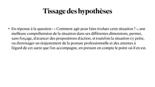 Tissagedeshypothèses
• En réponse à la question : « Comment agir pour faire évoluer cette situation ? », une
meilleure compréhension de la situation dans ses di
ff
érentes dimensions, permet,
sans forçage, d’avancer des propositions d’action, si toutefois la situation s’y prête,
ou d’envisager un réajustement de la posture professionnelle et des attentes à
l’égard de cet autre que l’on accompagne, en prenant en compte le point où il en est.
 