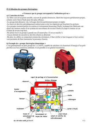 IV-Utilisation des groupes électrogènes

                        « S’assurer que le groupe correspond à l’utilisation prévue »
a) L’entretien de base
-Le filtre à air est un point sensible, souvent de grande dimension, ildoit être toujours parfaitement propre,
certains sont à bain d’huile pour être plus efficace.
-Le groupe doit démarrer vite, la bougie doit être parfaitement propre et réglée.
-Le réservoir doit être périodiquement nettoyé pour eviter les impuretés qui bouchent les gicleurs.
-Les groupes tournent parfois en continu et consomment beaucoup d’huile, la plupart des fabricants ont
choisi des moteurs munis d’un système de surveillance du niveau d’huile (il coupe le moteur en cas
d’alerte de niveau trop bas).
-Ne jamais laver un groupe à grande eau (d’autant plus s’il est en marche !)
-Aucun élément de sécurité ne doit être absent ou déterioré
-De plus, les câbles se comportant comme des résistances, il faut vérifier si leur longueur et leur section
vont permettre de bien transmettre la puissance fournie.

b) Exemple de « groupe électrogène domestique »
C’est généralement un petit groupe de 1 à 2 KVA, capable de satisfaire à la fourniture d’énergie d’un petit
pavillon ou d’un commerce ambulant. Il est portable et en général insonnorisé.




                                                                                                          5/12
 