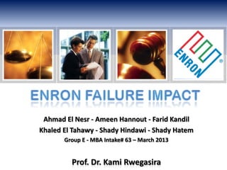 Ahmad El Nesr - Ameen Hannout - Farid Kandil
Khaled El Tahawy - Shady Hindawi - Shady Hatem
Group E - MBA Intake# 63 – March 2013

Prof. Dr. Kami Rwegasira

 