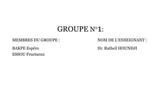 GROUPE N°1:
MEMBRES DU GROUPE :
BAKPE Espéro
ESSOU Fructueux
NOM DE L’ENSEIGNANT :
Dr. Ratheil HOUNDJI
 