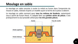 Le moulage en sable consiste à couler le métal en fusion dans l'empreinte du
moule en sable, réalisée d'après un modèle ayant la forme de la pièce à obtenir.
Moulage en sable
Le moulage en sable convient pour tous les métaux de fonderie, notamment
ceux à point de fusion élevé. Il s'adapte bien aux petites séries de pièces. C'est
pratiquement le seul procédé utilisé pour les très grandes pièces.
sable
noyau
Partie supérieur
Partie inferieur
Trou de couléeEvents
11
 