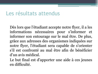 Les résultats attendus 
Dès lors que l’étudiant accepte notre flyer, il a les informations nécessaires pour s’informer et informer son entourage sur le mal être. De plus, grâce aux adresses des organismes indiquées sur notre flyer, l’étudiant sera capable de s’orienter s’il est confronté au mal être afin de bénéficier d’un avis médical. 
Le but final est d’apporter une aide à ces jeunes en difficulté.  