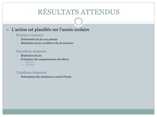 RÉSULTATS ATTENDUS 
L’action est planifiée sur l’année scolaire 
Premier trimestre 
Présentation du jeu aux parents 
Réalisation du jeu en début et fin de trimestre 
Deuxième trimestre 
Réalisation du jeu 
Évaluation des comportements des élèves 
Dans la cour 
À la cantine 
Troisième trimestre 
Présentation des résultats en conseil d’école  