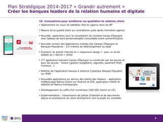 5
10 innovations pour améliorer au quotidien la relation client
 Déploiement en cours de tablettes iPad en agence dans les BP
 Mesure de la qualité client sur smartphone juste après l’entretien agence
 Nouvelle application pour la consultation de comptes Caisse d’Epargne
avec tableau de bord personnalisable consultable avant authentification
 Nouvelle version des applications mobiles des Caisses d’Epargne et
Banques Populaires : 5,5 millions de téléchargement au total
 Evolution du portail internet en « responsive design » pour un accès
adapté au « device » utilisé
 1ère application bancaire Caisse d’Epargne co-construite par les jeunes et
pour les jeunes : Howizi (gestion budgétaire, cagnotte, paiement PtoP,
musique,…)
 Refonte de l’application banque à distance Cyberplus Banque Populaire
sur IPAD
 Nouvelles applications au service des clients des réseaux : application
d’affacturage Natixis Factor sur Android et IOS, application mobile et
tablette de Natixis Interépargne
 Développement du coffre fort numérique (500 000 clients en CE)
 Expérimentation : transmission de pièces d’identité et de documents
depuis le smartphone du client directement vers le poste du conseiller
Plan Stratégique 2014-2017 « Grandir autrement »
Créer les banques leaders de la relation humaine et digitale
 
