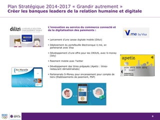 6
L’innovation au service du commerce connecté et
de la digitalisation des paiements :
 Lancement d’une caisse digitale mobile (Dilizi)
 Déploiement du portefeuille électronique V.me, en
partenariat avec Visa
 Développement d’une offre pour les CROUS, avec S-money
(Izly)
 Paiement mobile avec Twitter
 Développement des titres prépayés (Apetiz : titres-
restaurant dématérialisés)
 Partenariats S-Money pour encaissement pour compte de
tiers (Etablissements de paiement, PSP)
Plan Stratégique 2014-2017 « Grandir autrement »
Créer les banques leaders de la relation humaine et digitale
 