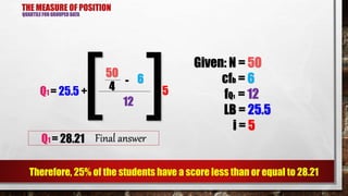 THE MEASURE OF POSITION
QUARTILE FOR GROUPED DATA
Therefore, 25% of the students have a score less than or equal to 28.21
50
6-
Q1 = 25.5 + 4
12[ ]5
Given: N = 50
cfb = 6
fQ1 = 12
LB = 25.5
i = 5
Q1 = 28.21 Final answer
 