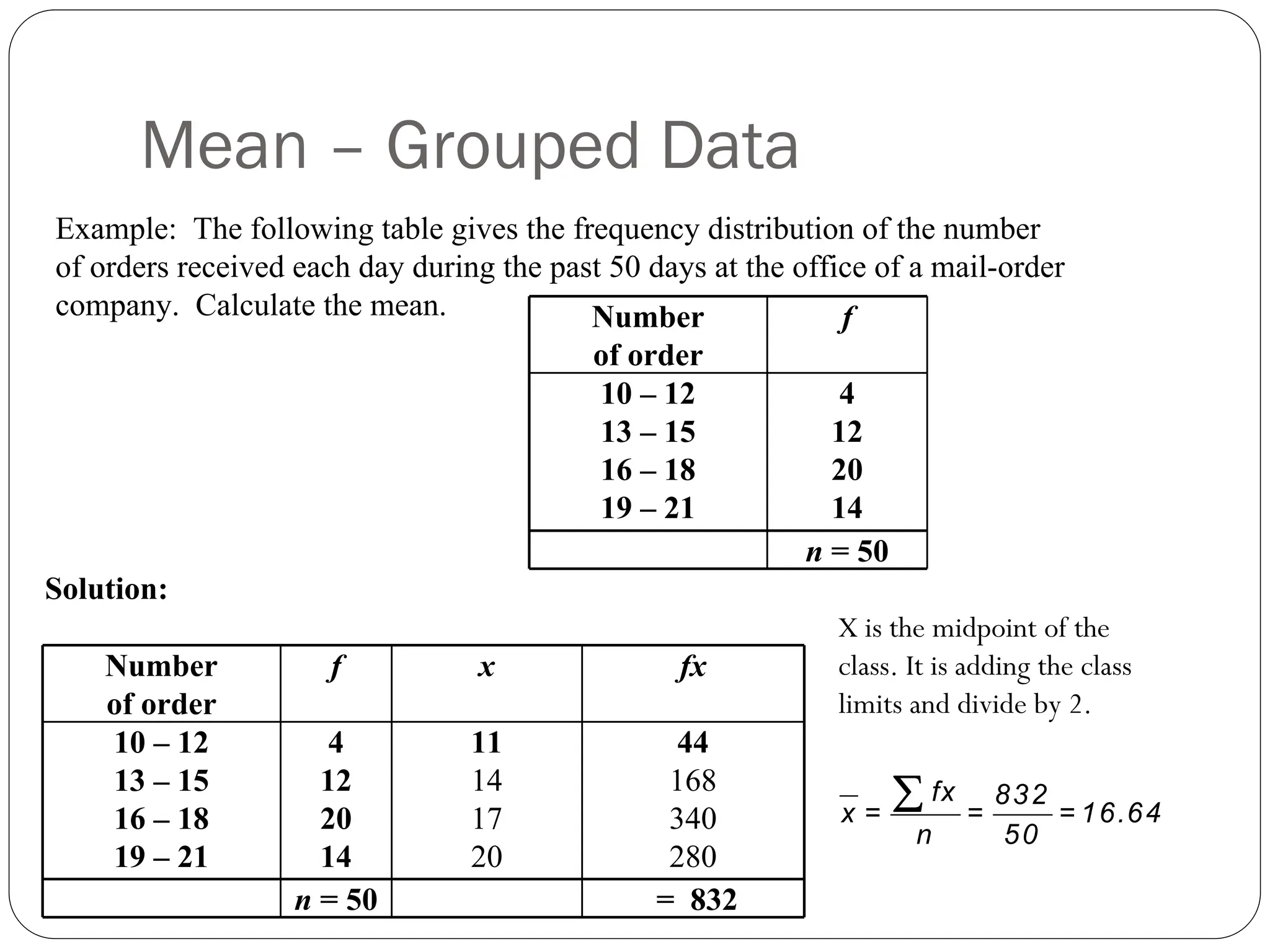 Mean – Grouped Data
Number
of order
f
10 – 12
13 – 15
16 – 18
19 – 21
4
12
20
14
n = 50
Number
of order
f x fx
10 – 12
13 – 15
16 – 18
19 – 21
4
12
20
14
11
14
17
20
44
168
340
280
n = 50 = 832
fx 832
x = = = 16.64
n 50
∑
Example: The following table gives the frequency distribution of the number
of orders received each day during the past 50 days at the office of a mail-order
company. Calculate the mean.
Solution:
X is the midpoint of the
class. It is adding the class
limits and divide by 2.
 