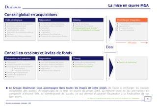 La mise en œuvre M&A

Conseil global en acquisitions
Veille stratégique                            Négociation                          Closing                                                     Post Merger Integration
 Constitution Comité Acquisitions             Contact des cibles prioritaires     Plan de synergies                                          Organisation et coordination
 Entretiens opérationnels                     Comptes rendus d’entretiens         Assistance Pré Closing                                     Gouvernance
 Valorisations du secteur                     Instruction                         Financement Equity et dette *                              Reporting à la DG
 Identification de cibles                     Valorisation                        Audits comptables et juridiques *                          Suivi des garanties
 Diagnostic de croissance externe             Négociation
 Décision                                     Assistance due diligence
 Sélection des cibles prioritaires            Présence aux discussions finales


                                                                                                                                                             100 jours

                                                                                                                              Deal
Conseil en cessions et levées de fonds
Préparation de l’opération                    Négociation                          Closing
 Valorisation                                 Suivi des contacts des cibles       Présence aux discussions                                   Gestion de patrimoine *
 Analyse financière sectorielle               Comptes rendus d’entretiens         Assistance Pré Closing
 Préparation de la documentation              Préparation aux négociations        Discussions juridiques *
            Mémorandum                        Négociation
            Executive Summary                 Assistance due diligence
 Identification d’acquéreurs
 Contact des acquéreurs
 Reporting




 Le Groupe Dealmaker vous accompagne dans toutes les étapes de votre projet, de façon à décharger les équipes
  dirigeantes des parties chronophages de la mise en œuvre du projet M&A. La rémunération de ses prestations est
  composée d’environ 90% de commissions de succès, ce qui permet d’associer Dealmaker à la finalisation de vos
  opérations.
                                                                                                  * : En vert, les opérations ne faisant pas partie de la mission de Dealmaker   5

Document de présentation – Dealmaker - 2009
 