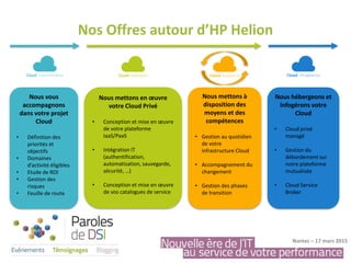 Nos Offres autour d’HP Helion
Nantes – 17 mars 2015
Nous vous
accompagnons
dans votre projet
Cloud
• Définition des
priorités et
objectifs
• Domaines
d’activité éligibles
• Etude de ROI
• Gestion des
risques
• Feuille de route
Nous hébergeons et
infogérons votre
Cloud
• Cloud privé
managé
• Gestion du
débordement sur
notre plateforme
mutualisée
• Cloud Service
Broker
Nous mettons en œuvre
votre Cloud Privé
• Conception et mise en œuvre
de votre plateforme
IaaS/PaaS
• Intégration IT
(authentification,
automatisation, sauvegarde,
sécurité, …)
• Conception et mise en œuvre
de vos catalogues de service
Nous mettons à
disposition des
moyens et des
compétences
• Gestion au quotidien
de votre
infrastructure Cloud
• Accompagnement du
changement
• Gestion des phases
de transition
 